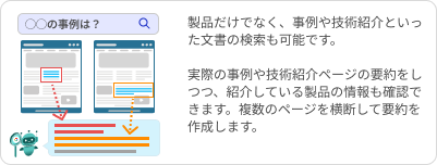 目的・事例を検索する：製品名がわからなくても、利用目的や解決したい課題から質問できます。関連する導入事例や採用製品を探し、引用元のページで詳しい内容を確認してみましょう。